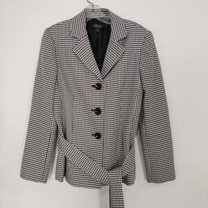 Kasper Houndstooth Belted Blazer Jacket Black White Size 8 Business Casual